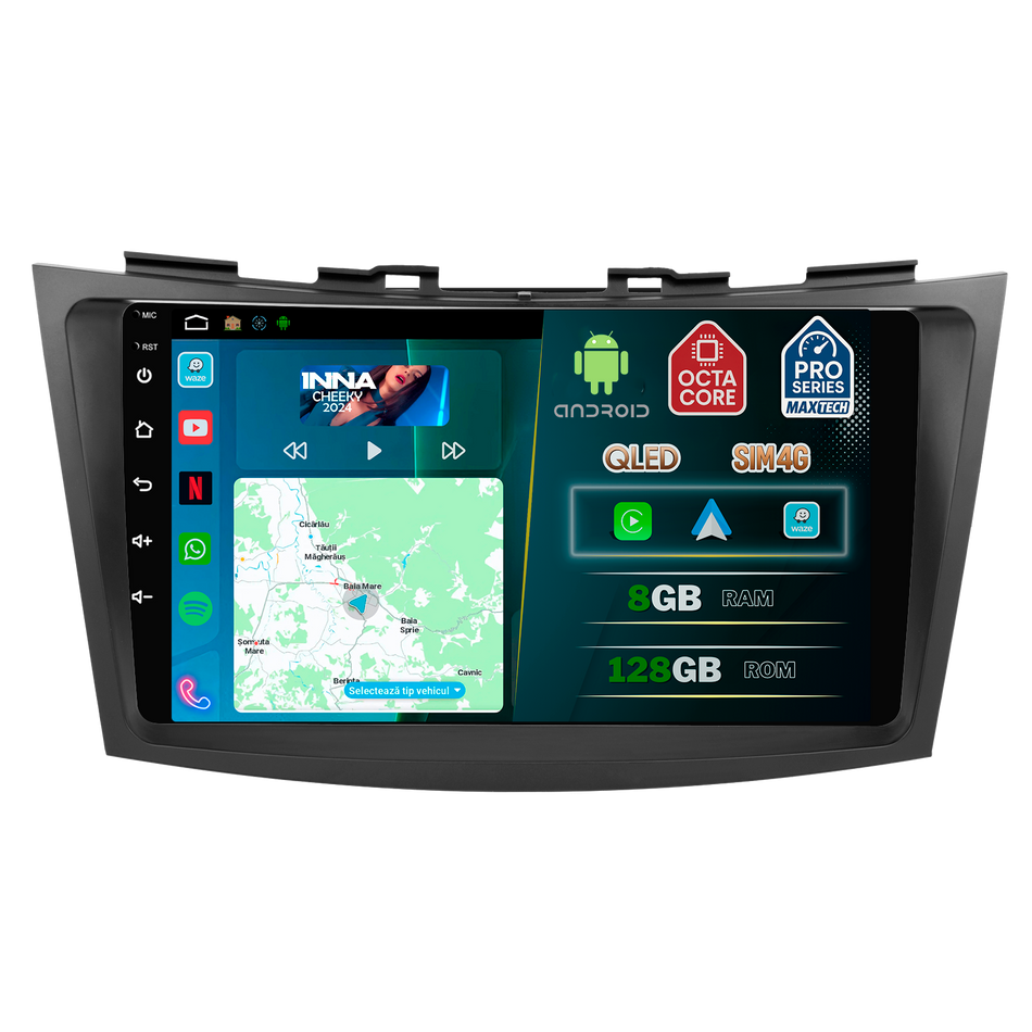 Navigatie Suzuki Swift (2010-2014) pre-facelift dedicata, MaxTech® PRO SERIES, 8 GB Ram 128 GB Rom, OctaCore, Carplay si Android auto, Ecran 9” HD Touch, Sim 4G, ADI/HI-Res, GPS, Wifi, Bluetooth, Radio, USB, EQ, DSP, Waze