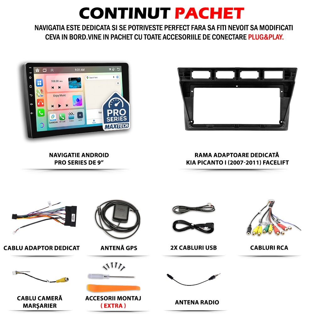 Navigatie Kia Picanto I (2007-2011) facelift dedicata, MaxTech® PRO SERIES, 6 GB Ram 128 GB Rom, Carplay si Android auto, Ecran 9” HD Touch, GPS, Wifi, Bluetooth, Radio, USB, EQ, DSP, Waze