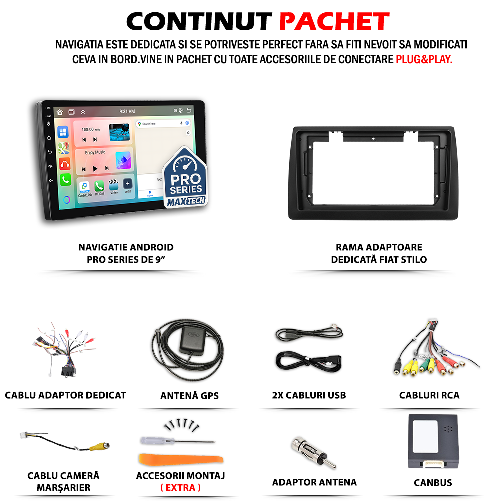 Navigatie Fiat Stilo (2002-2010) dedicata, MaxTech® PRO SERIES, 2 GB Ram 64 GB Rom, Carplay si Android auto, Ecran 9” HD Touch, GPS, Wifi, Bluetooth, Radio, USB, EQ, DSP, Waze