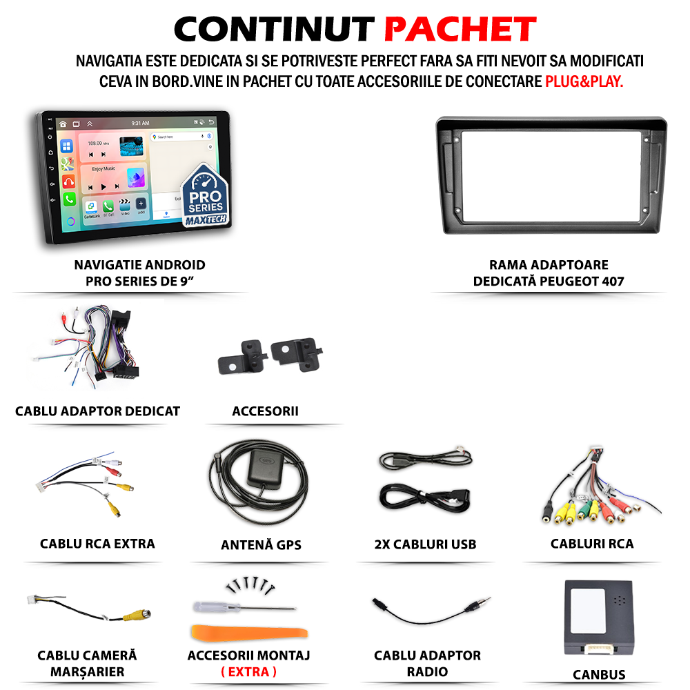 Navigatie Peugeot 407 (2004-2008) pre-facelift dedicata, MaxTech® PRO SERIES, 2 GB Ram 64 GB Rom, Carplay si Android auto, Ecran 9” HD Touch, GPS, Wifi, Bluetooth, Radio, USB, EQ, DSP, Waze