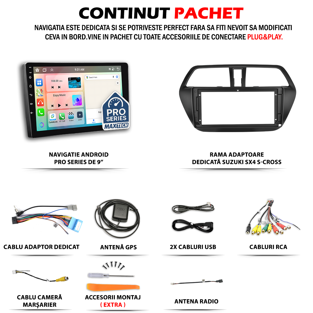 Navigatie Suzuki SX4 S-Cross (2013-2016) Pre-facelift dedicata, MaxTech® PRO SERIES, 2 GB Ram 64 GB Rom, Carplay si Android auto, Ecran 9” HD Touch, GPS, Wifi, Bluetooth, Radio, USB, EQ, DSP, Waze