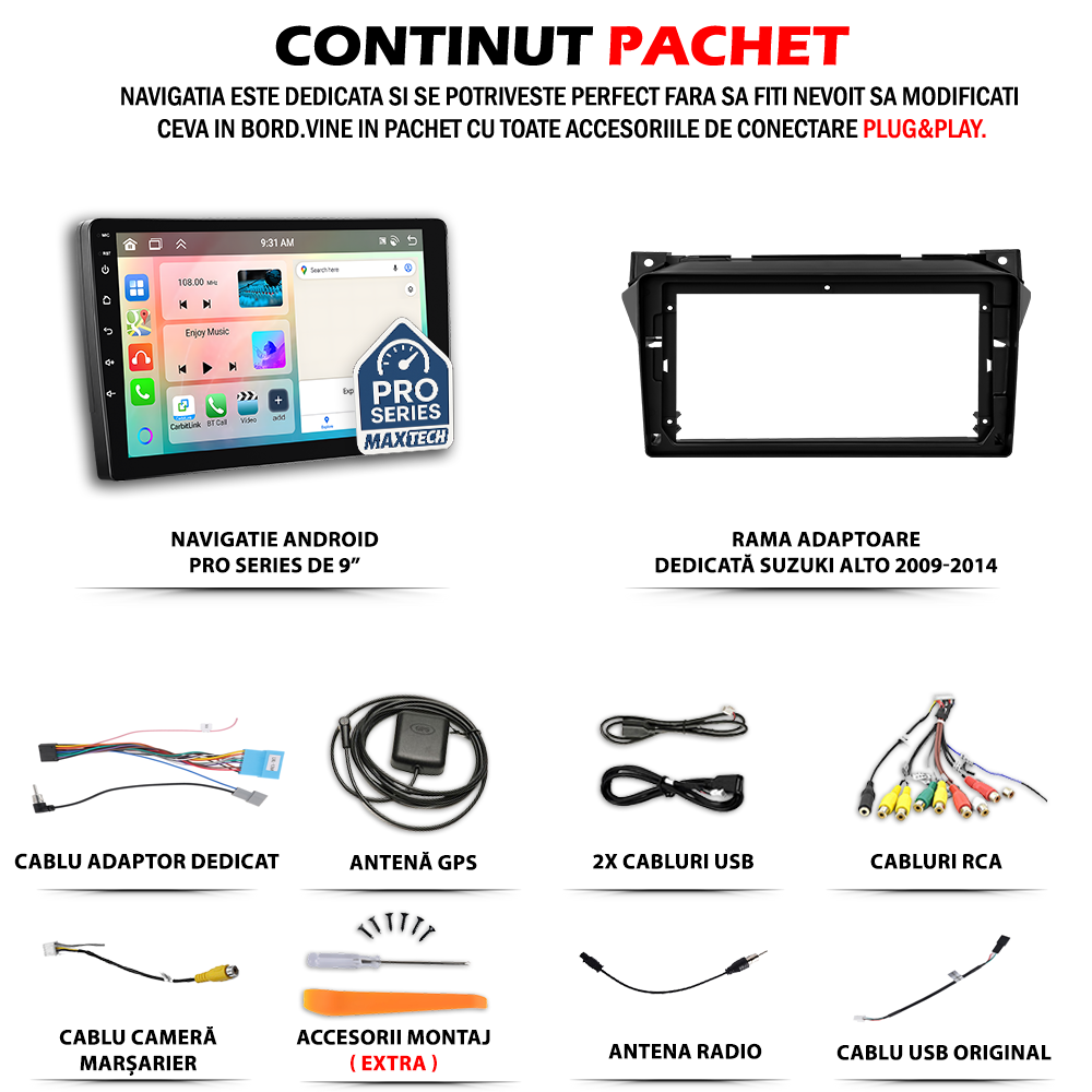 Navigatie Suzuki Alto 2009-2014 dedicata, MaxTech® PRO SERIES, 6 GB Ram 128 GB Rom, Carplay si Android auto, Ecran 9” HD Touch, GPS, Wifi, Bluetooth, Radio, USB, EQ, DSP, Waze