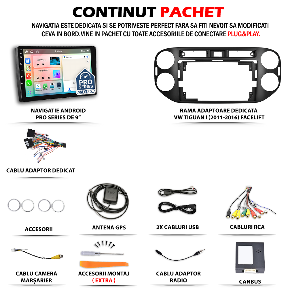 Navigatie Volkswagen Tiguan I (2011-2016) facelift dedicata, MaxTech® PRO SERIES, 2 GB Ram 64 GB Rom, Carplay si Android auto, Ecran 9” HD Touch, GPS, Wifi, Bluetooth, Radio, USB, EQ, DSP, Waze