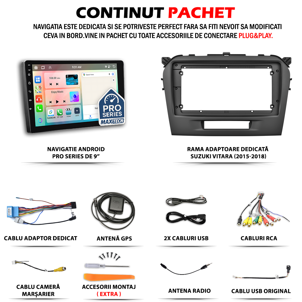 Navigatie Suzuki Vitara (2015-2018) dedicata, MaxTech® PRO SERIES, 2 GB Ram 64 GB Rom, Carplay si Android auto, Ecran 9” HD Touch, GPS, Wifi, Bluetooth, Radio, USB, EQ, DSP, Waze