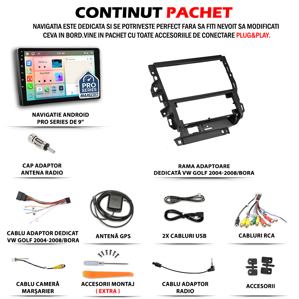 Navigatie Volkswagen Golf IV (1997-2003) / Bora (1998–2005) dedicata, MaxTech® PRO SERIES, 4 GB Ram 64 GB Rom, Carplay si Android auto, Ecran 9 ” HD Touch, GPS, Wifi, Bluetooth, Radio, USB, EQ, DSP, Waze