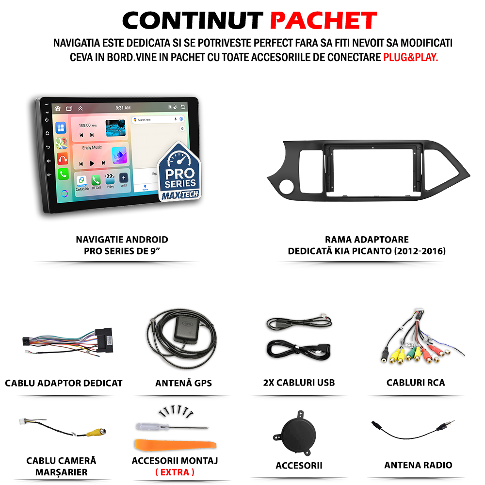 Navigatie Kia Picanto (2012-2016) dedicata, MaxTech® PRO SERIES, 2 GB Ram 64 GB Rom, Carplay si Android auto, Ecran 9” HD Touch, GPS, Wifi, Bluetooth, Radio, USB, EQ, DSP, Waze