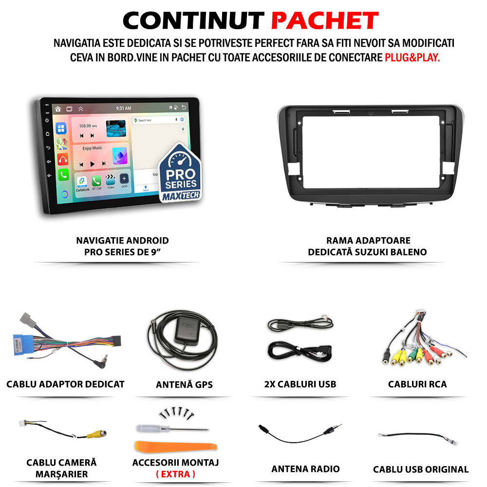 Navigatie Suzuki Baleno (2015-2020) dedicata, MaxTech® PRO SERIES, 2 GB Ram 64 GB Rom, Carplay si Android auto, Ecran 9” HD Touch, GPS, Wifi, Bluetooth, Radio, USB, EQ, DSP, Waze
