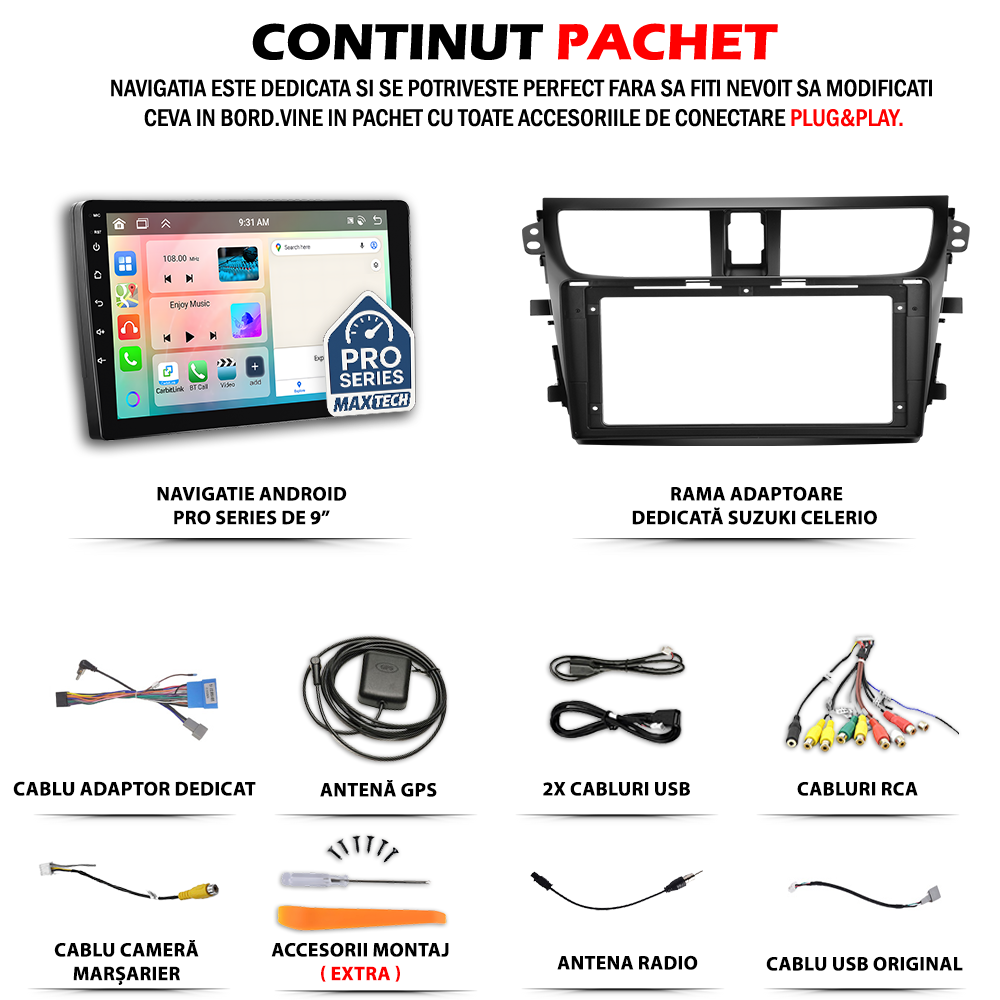 Navigatie Suzuki Celerio (2014-2020) dedicata, MaxTech® PRO SERIES, 2 GB Ram 64 GB Rom, Carplay si Android auto, Ecran 9” HD Touch, GPS, Wifi, Bluetooth, Radio, USB, EQ, DSP, Waze