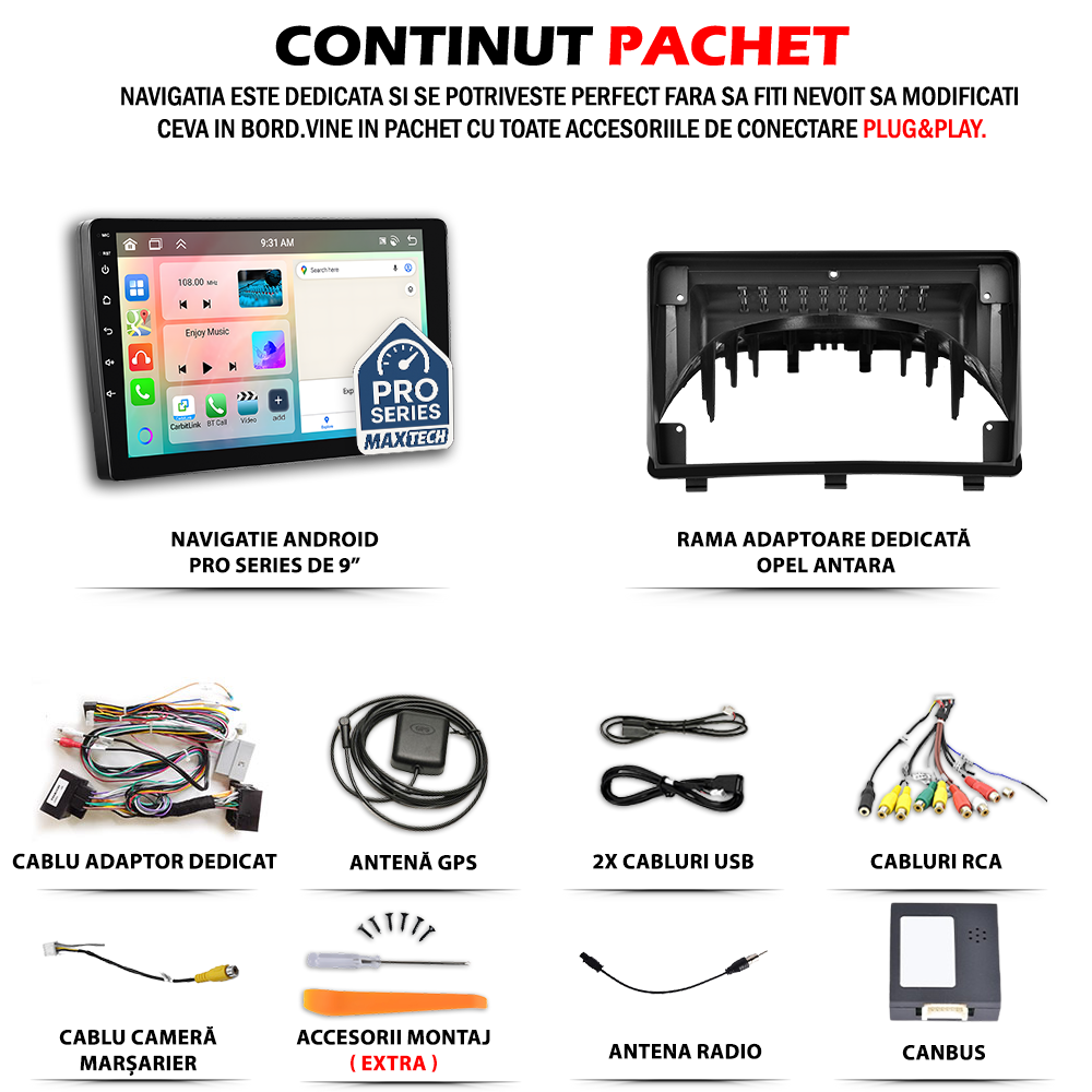 Navigatie Opel Antara (2008-2012) pre-facelift dedicata, MaxTech® PRO SERIES, 2 GB Ram 64 GB Rom, Carplay si Android auto, Ecran 9” HD Touch, GPS, Wifi, Bluetooth, Radio, USB, EQ, DSP, Waze