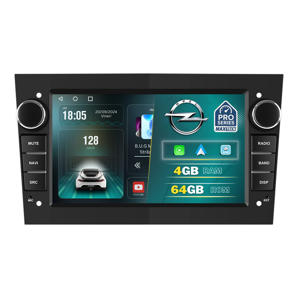 Navigatie Opel Android MaxTech® PRO SERIES, 4GB RAM, 64GB ROM, CarPlay & Android Auto, ecran 7 inch HD Touch, Astra, Corsa, Zafira, Vivaro, Meriva, Antara, Combo, Signum, Tigra, GPS, WiFi, Bluetooth, Waze, DSP, EQ, Youtube, Negru