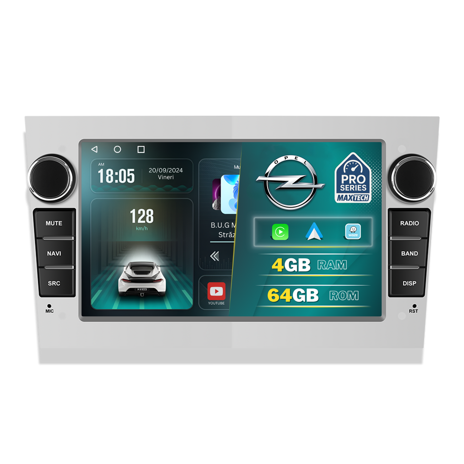 Navigatie Opel Android MaxTech® PRO SERIES, 4GB RAM, 64GB ROM, CarPlay & Android Auto, ecran 7 inch HD Touch, Astra, Corsa, Zafira, Vivaro, Meriva, Antara, Combo, Signum, Tigra, GPS, WiFi, Bluetooth, Waze, DSP, EQ, Argintiu