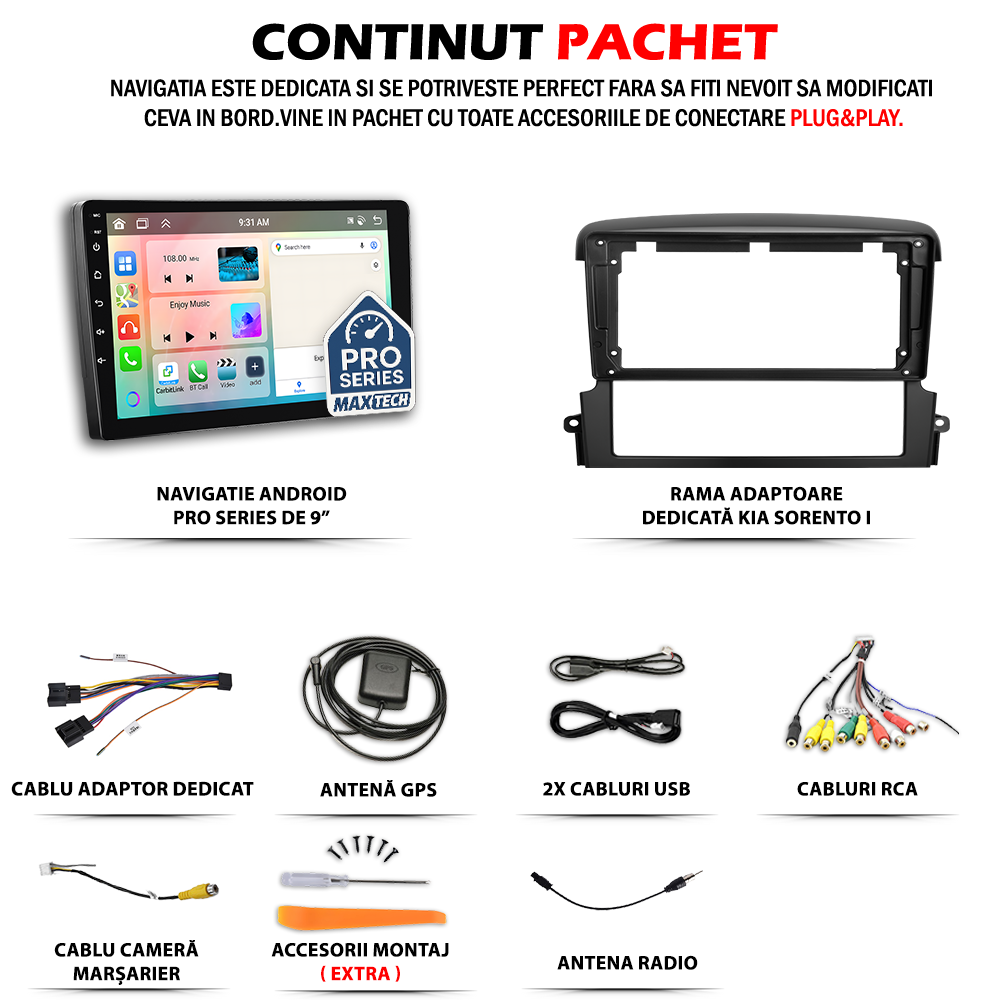 Navigatie Kia Sorento I (2004-2008) dedicata, MaxTech® PRO SERIES, 6 GB Ram 128 GB Rom, Carplay si Android auto, Ecran 9” HD Touch, GPS, Wifi, Bluetooth, Radio, USB, EQ, DSP, Waze