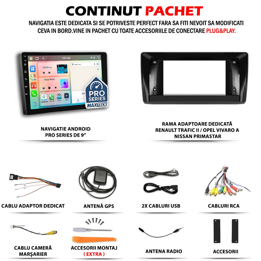 Navigatie Renault Trafic II / Opel Vivaro A / Nissan Primastar (2001–2014) dedicata, MaxTech® PRO SERIES, 4 GB Ram 64 GB Rom, Carplay si Android auto, Ecran 10 ” HD Touch, GPS, Wifi, Bluetooth, Radio, USB, EQ, DSP, Waze