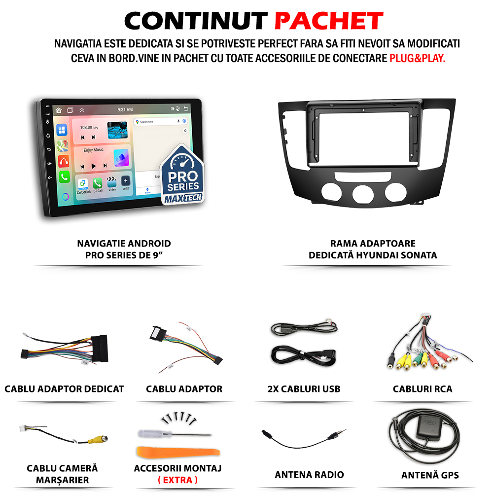 Navigatie Hyundai Sonata (2008-2010) facelift / NFC (Climatizare manuală) dedicata, MaxTech® PRO SERIES, 2 GB Ram 64 GB Rom, Carplay si Android auto, Ecran 9” HD Touch, GPS, Wifi, Bluetooth, Radio, USB, EQ, DSP, Waze