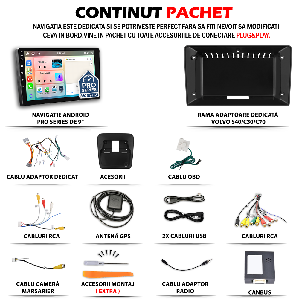 Navigatie Volvo S40/C30/C70 II (2004-2013) dedicata, MaxTech® PRO SERIES, 8 GB Ram 128 GB Rom, OctaCore, Carplay si Android auto, Ecran 9” HD Touch, Sim 4G, ADI/HI-Res, GPS, Wifi, Bluetooth, Radio, USB, EQ, DSP, Waze