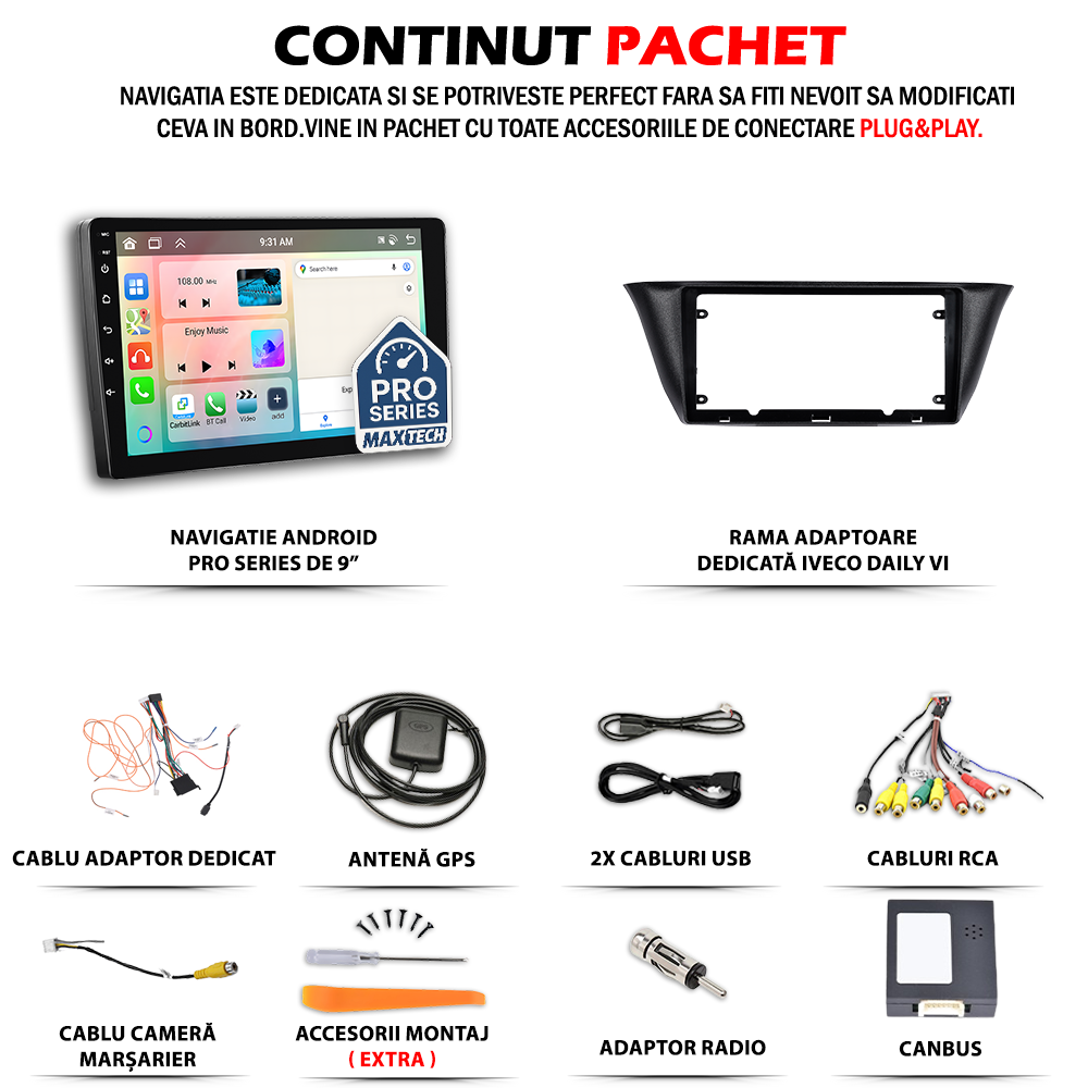 Navigatie Iveco Daily VI (2019-2020) Facelift dedicata, MaxTech® PRO SERIES, 4 GB Ram 64 GB Rom, Carplay si Android auto, Ecran 9 ” HD Touch, GPS, Wifi, Bluetooth, Radio, USB, EQ, DSP, Waze