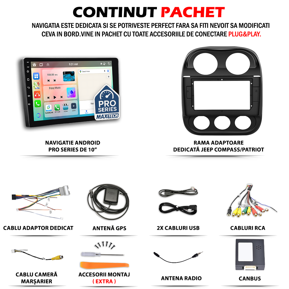 Navigatie Jeep Compass/Patriot (2011-2016) Facelift dedicata, MaxTech® PRO SERIES, 2 GB Ram 64 GB Rom, Carplay si Android auto, Ecran 10” HD Touch, GPS, Wifi, Bluetooth, Radio, USB, EQ, DSP, Waze