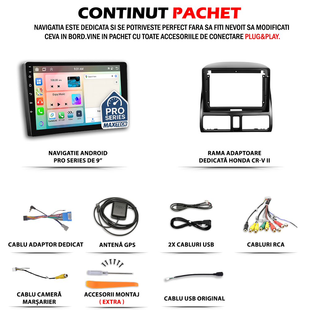 Navigatie Honda CR-V II (2002-2006) dedicata, MaxTech® PRO SERIES, 4 GB Ram 64 GB Rom, Carplay si Android auto, Ecran 9 ” HD Touch, GPS, Wifi, Bluetooth, Radio, USB, EQ, DSP, Waze