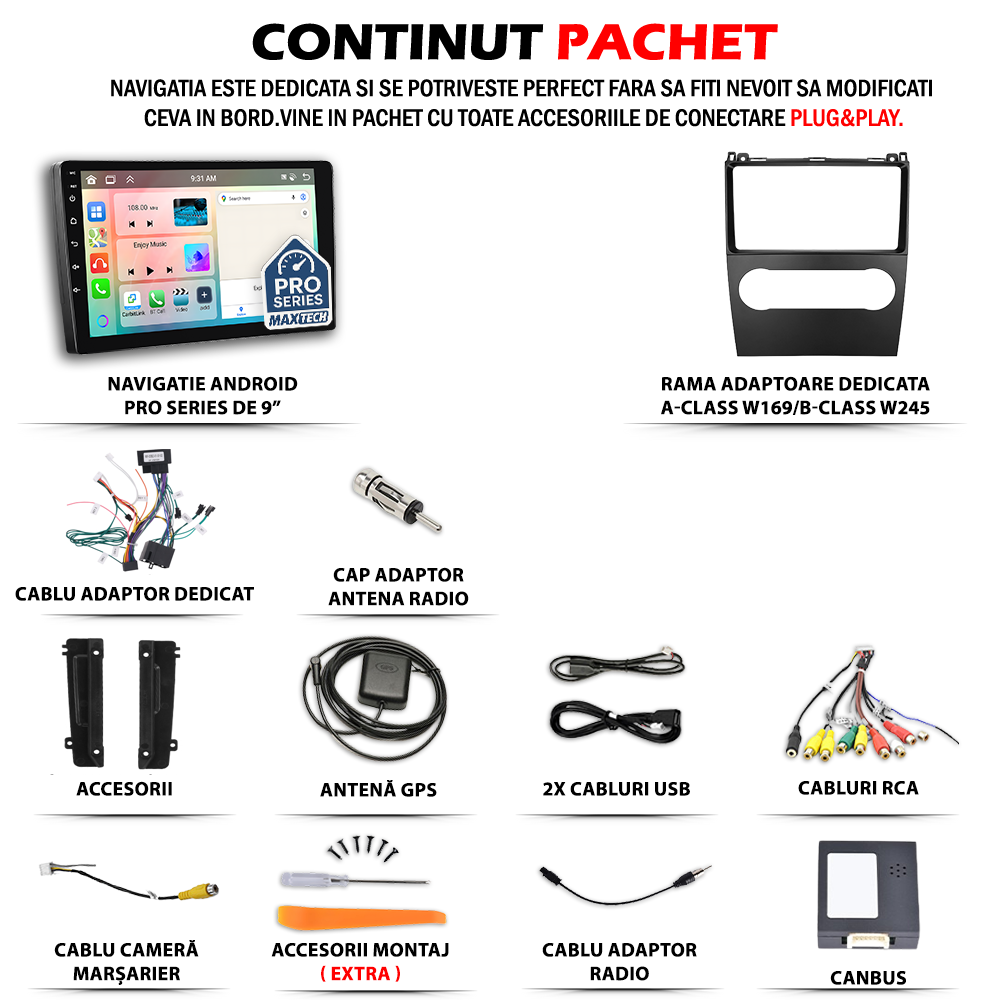 Navigatie  Mercedes A-Class W169/B-Class W245 (2008–2012)  dedicata, MaxTech® PRO SERIES, 2 GB Ram 64 GB Rom, Carplay si Android auto, Ecran 9” HD Touch, GPS, Wifi, Bluetooth, Radio, USB, EQ, DSP, Waze