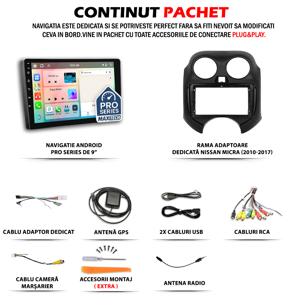 Navigatie Nissan Micra (2010-2017) dedicata, MaxTech® PRO SERIES, 6 GB Ram 128 GB Rom, Carplay si Android auto, Ecran 9” HD Touch, GPS, Wifi, Bluetooth, Radio, USB, EQ, DSP, Waze