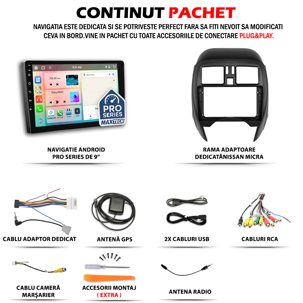 Navigatie Nissan Micra (2010-2017) dedicata, MaxTech® PRO SERIES, 2 GB Ram 64 GB Rom, Carplay si Android auto, Ecran 9” HD Touch, GPS, Wifi, Bluetooth, Radio, USB, EQ, DSP, Waze