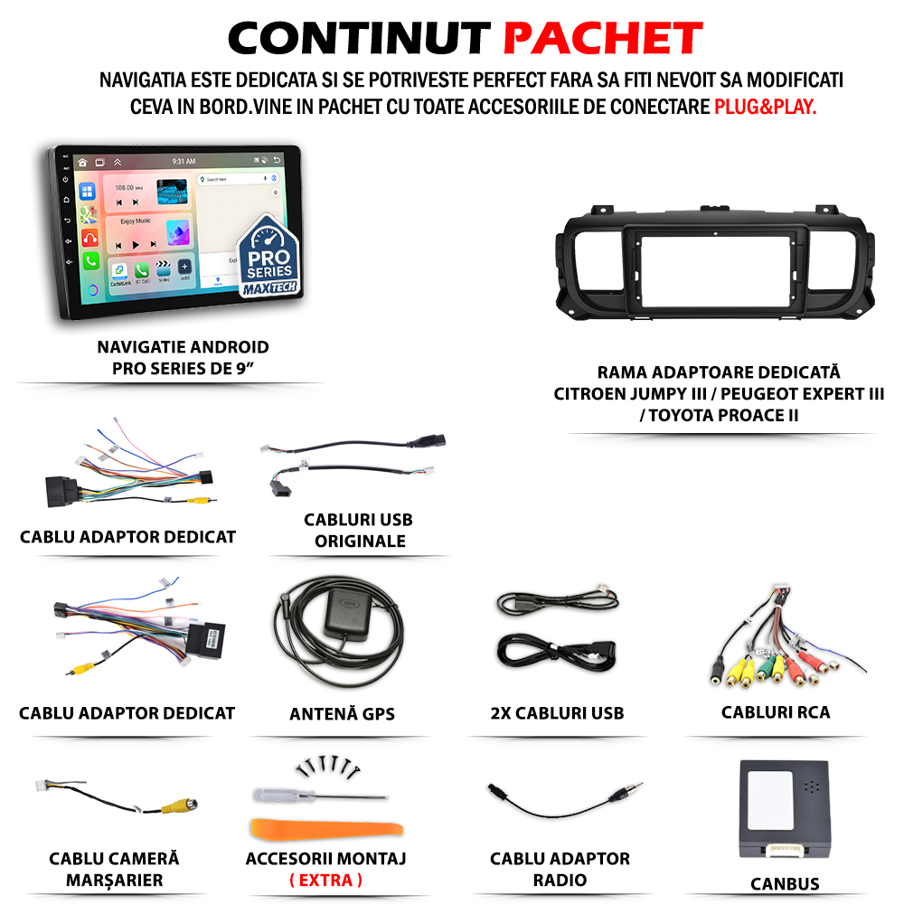 Navigatie Citroen Jumpy III / Peugeot Expert III / Toyota Proace II (2016–2021) dedicata, MaxTech® PRO SERIES, 6 GB Ram 128 GB Rom, Carplay si Android auto, Ecran 9” HD Touch, GPS, Wifi, Bluetooth, Radio, USB, EQ, DSP, Waze