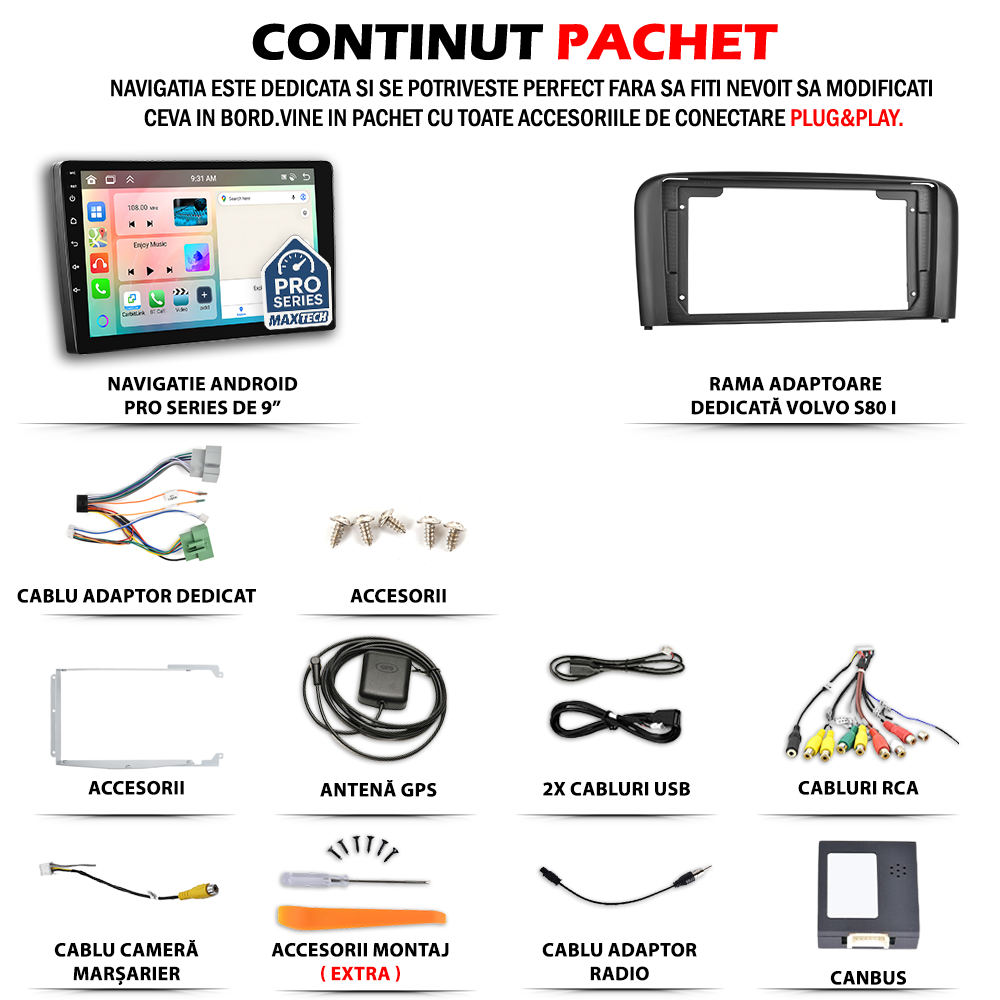 Navigatie Volvo S80 I (2001-2006) dedicata, MaxTech® PRO SERIES, 6 GB Ram 128 GB Rom, Carplay si Android auto, Ecran 9” HD Touch, GPS, Wifi, Bluetooth, Radio, USB, EQ, DSP, Waze