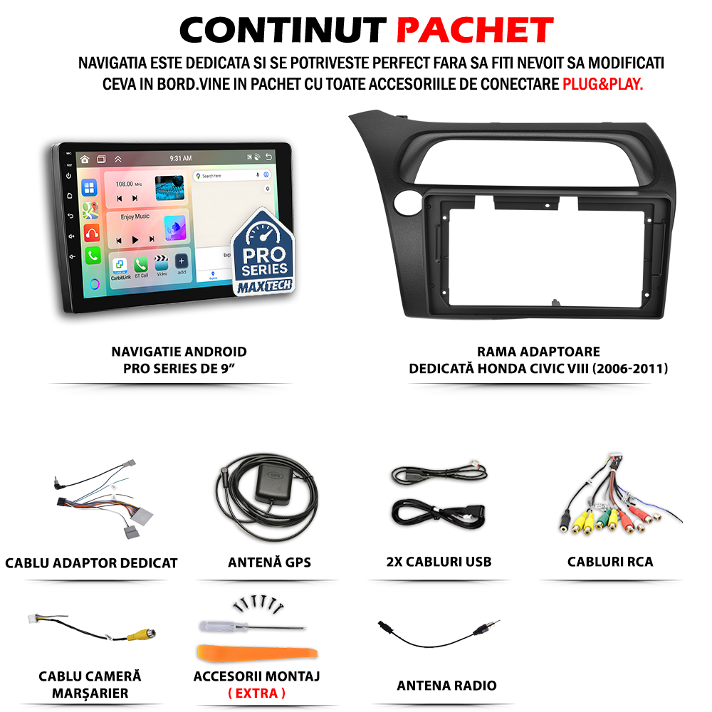 Navigatie Honda Civic VIII (2006-2011) dedicata, MaxTech® PRO SERIES, 2 GB Ram 64 GB Rom, Carplay si Android auto, Ecran 9” HD Touch, GPS, Wifi, Bluetooth, Radio, USB, EQ, DSP, Waze