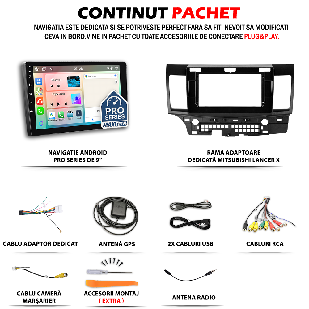 Navigatie Mitsubishi Lancer X (2008-2015) dedicata, MaxTech® PRO SERIES, 6 GB Ram 128 GB Rom, Carplay si Android auto, Ecran 10” HD Touch, GPS, Wifi, Bluetooth, Radio, USB, EQ, DSP, Waze