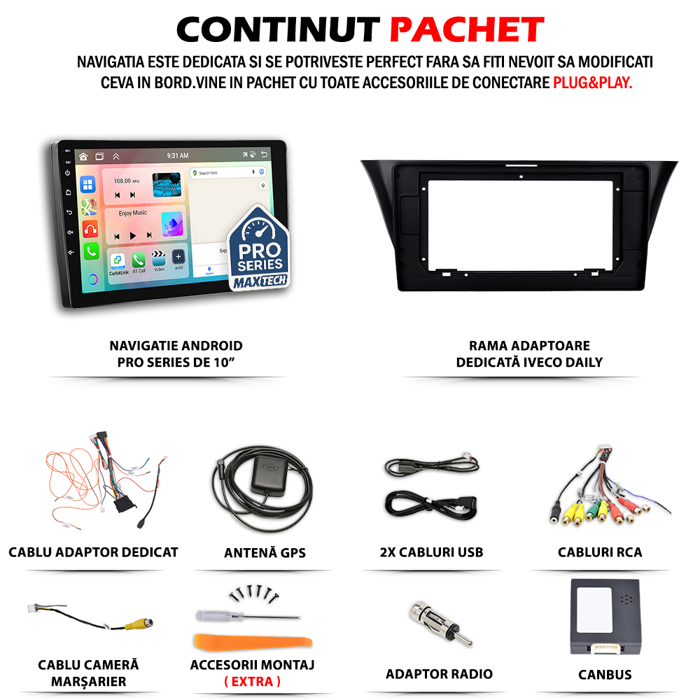 Navigatie Iveco Daily (2018-2020) dedicata, MaxTech® PRO SERIES, 4 GB Ram 64 GB Rom, Carplay si Android auto, Ecran 10 ” HD Touch, GPS, Wifi, Bluetooth, Radio, USB, EQ, DSP, Waze