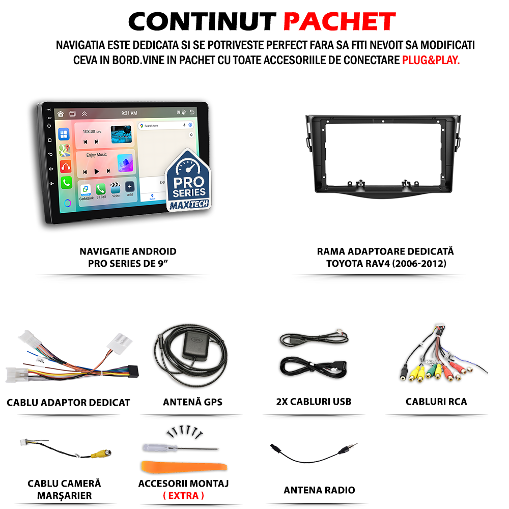 Navigatie Toyota RAV4 (2006-2012) dedicata, MaxTech® PRO SERIES, 2 GB Ram 64 GB Rom, Carplay si Android auto, Ecran 9” HD Touch, GPS, Wifi, Bluetooth, Radio, USB, EQ, DSP, Waze