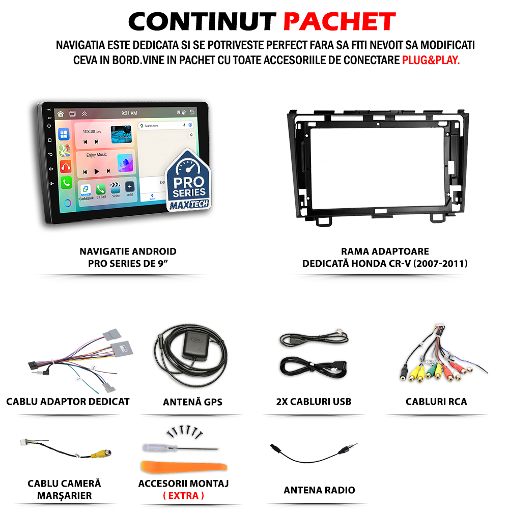 Navigatie Honda CR-V (2007-2011) dedicata, MaxTech® PRO SERIES, 4 GB Ram 64 GB Rom, Carplay si Android auto, Ecran 9 ” HD Touch, GPS, Wifi, Bluetooth, Radio, USB, EQ, DSP, Waze