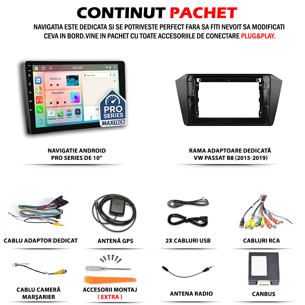 Navigatie VW Passat B8 (2015-2019) dedicata, MaxTech® PRO SERIES, 4 GB Ram 64 GB Rom, Carplay si Android auto, Ecran 10 ” HD Touch, GPS, Wifi, Bluetooth, Radio, USB, EQ, DSP, Waze