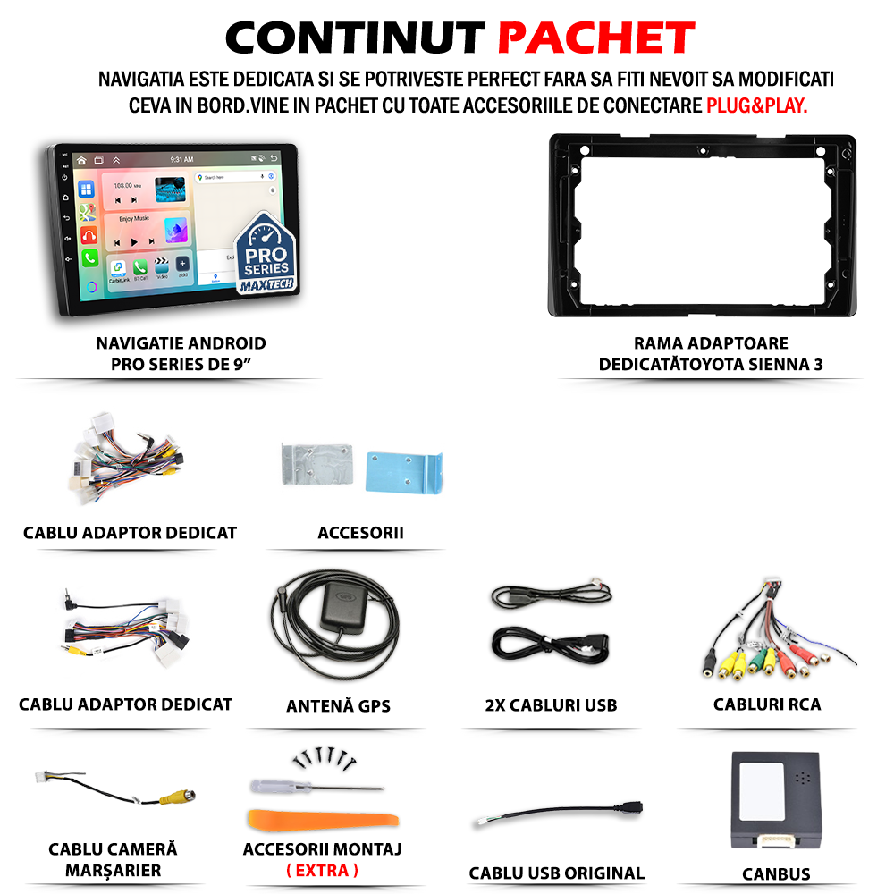 Navigatie Toyota Sienna 3 (2015-2020) facelift dedicata, MaxTech® PRO SERIES, 2 GB Ram 64 GB Rom, Carplay si Android auto, Ecran 9” HD Touch, GPS, Wifi, Bluetooth, Radio, USB, EQ, DSP, Waze