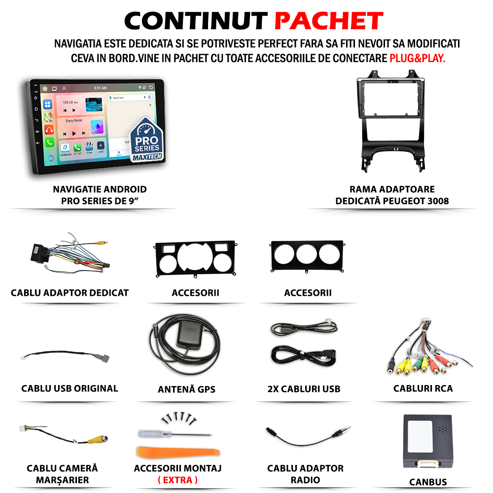 Navigatie Peugeot 3008 (2013-2016) facelift dedicata, MaxTech® PRO SERIES, 2 GB Ram 64 GB Rom, Carplay si Android auto, Ecran 9” HD Touch, GPS, Wifi, Bluetooth, Radio, USB, EQ, DSP, Waze
