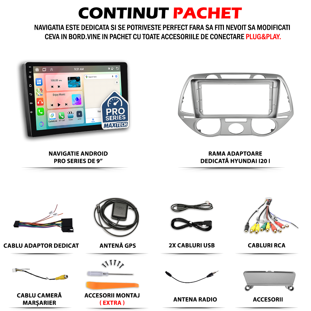 Navigatie Hyundai i20 I (2008-2012) Pre-facelift dedicata, MaxTech® PRO SERIES, 2 GB Ram 64 GB Rom, Carplay si Android auto, Ecran 9” HD Touch, GPS, Wifi, Bluetooth, Radio, USB, EQ, DSP, Waze