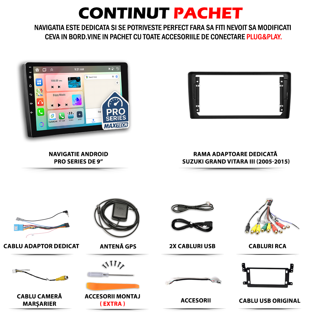 Navigatie Suzuki Grand Vitara III (2005-2015) dedicata, MaxTech® PRO SERIES, 4 GB Ram 64 GB Rom, Carplay si Android auto, Ecran 9 ” HD Touch, GPS, Wifi, Bluetooth, Radio, USB, EQ, DSP, Waze