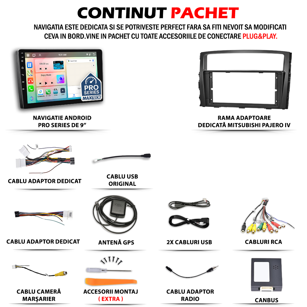 Navigatie Mitsubishi Pajero IV (2006-2017) dedicata, MaxTech® PRO SERIES, 2 GB Ram 64 GB Rom, Carplay si Android auto, Ecran 9” HD Touch, GPS, Wifi, Bluetooth, Radio, USB, EQ, DSP, Waze