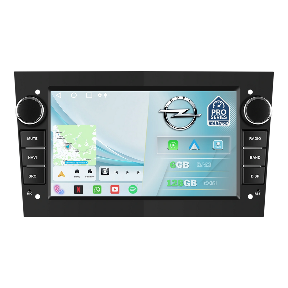 Navigatie Opel Android MaxTech® PRO SERIES, 6GB RAM, 128GB ROM, CarPlay & Android Auto, ecran 7 inch HD Touch, Astra, Corsa, Zafira, Vivaro, Meriva, Antara, Combo, Signum, Tigra, GPS, WiFi, Bluetooth, Waze, DSP, EQ, Youtube, Negru