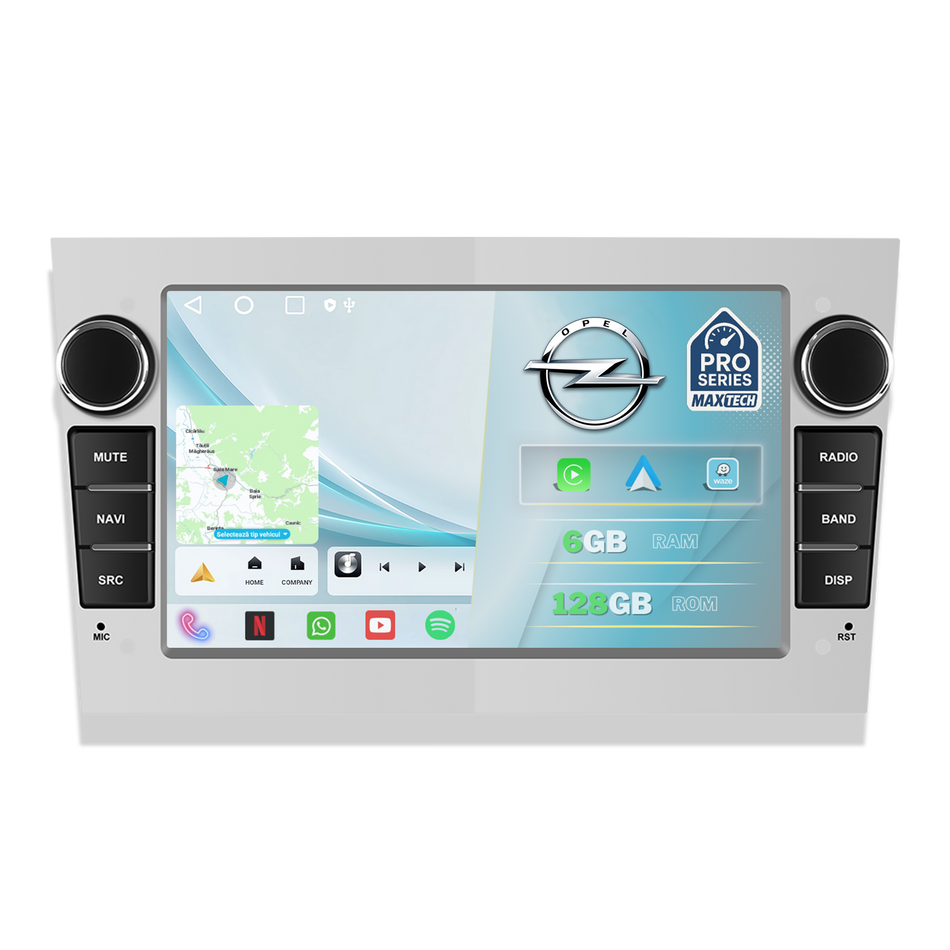 Navigatie Opel Android MaxTech® PRO SERIES, 6GB RAM, 128GB ROM, CarPlay & Android Auto, ecran 7 inch HD Touch, Astra, Corsa, Zafira, Vivaro, Meriva, Antara, Combo, Signum, Tigra, GPS, WiFi, Bluetooth, Waze, DSP, EQ, Youtube, Argintiu
