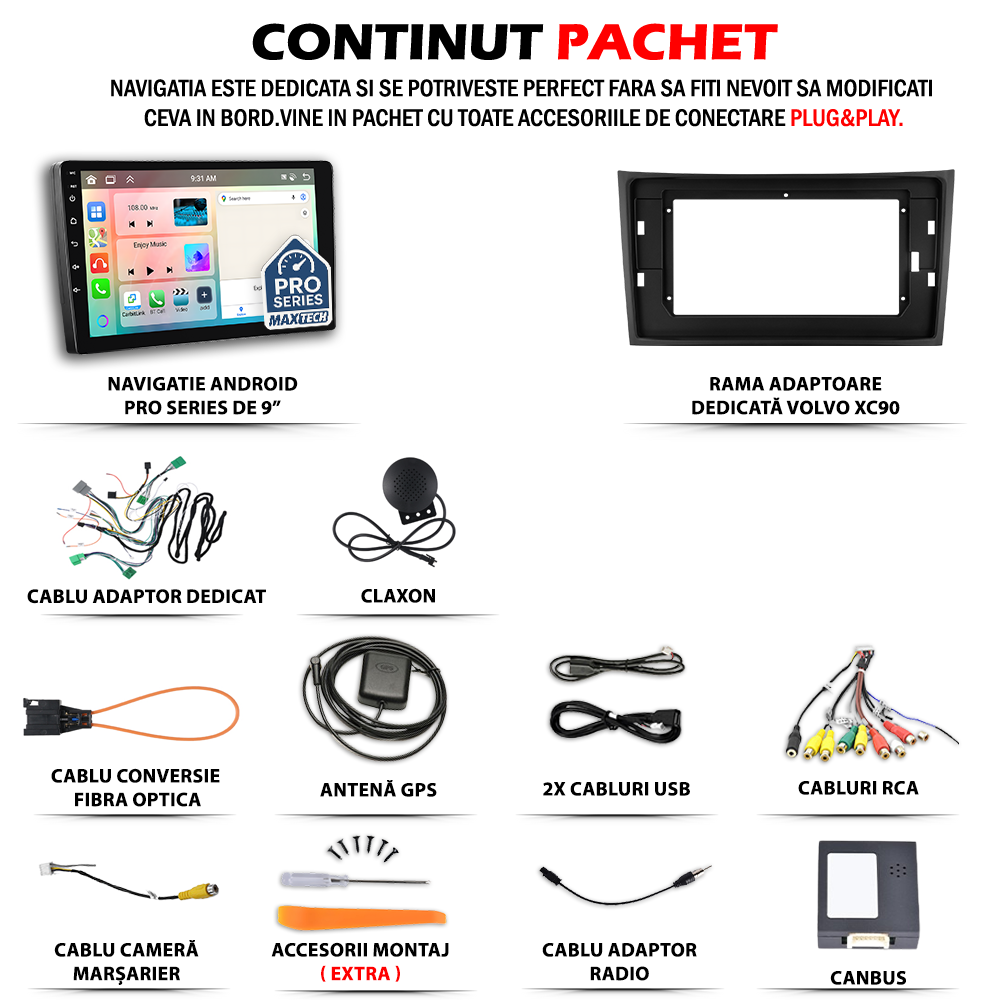Navigatie Volvo XC90 (2004-2013) dedicata, MaxTech® PRO SERIES, 2 GB Ram 64 GB Rom, Carplay si Android auto, Ecran 10” HD Touch, GPS, Wifi, Bluetooth, Radio, USB, EQ, DSP, Waze