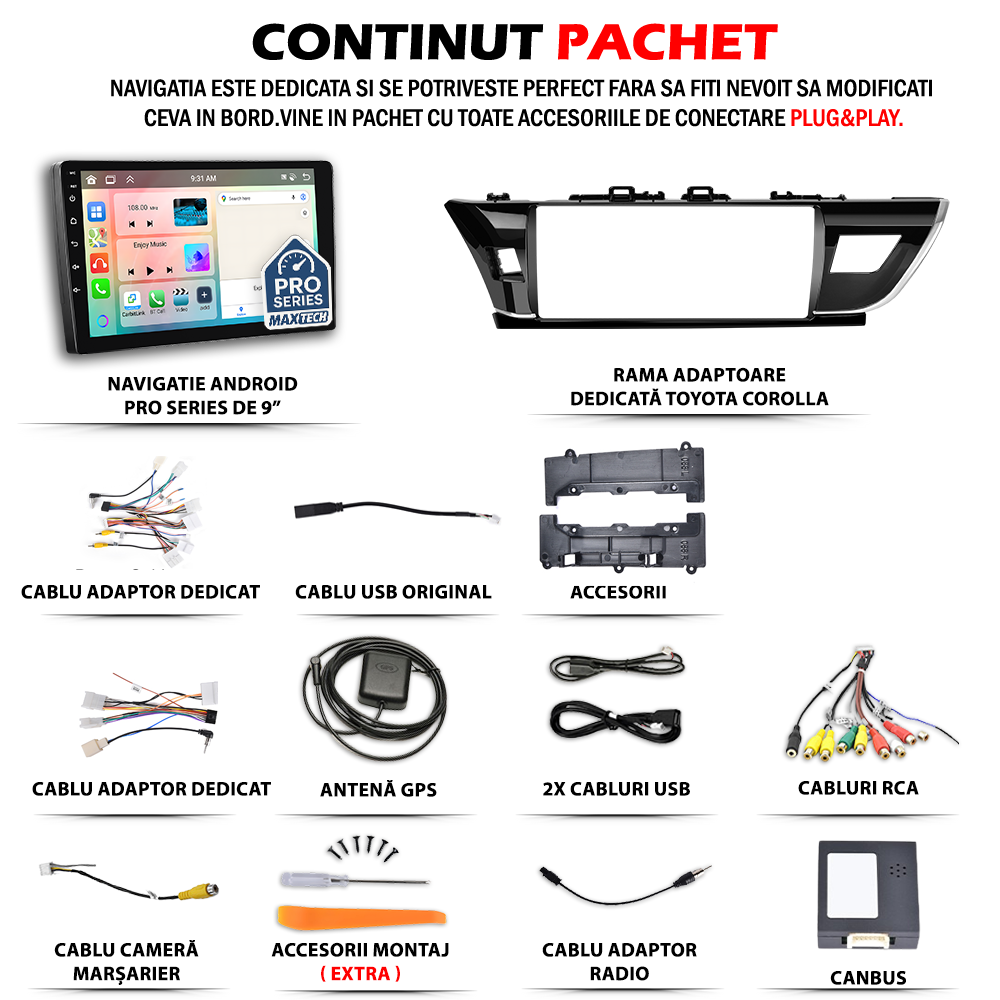 Navigatie Toyota Corolla (2013-2016) Pre-facelift dedicata, MaxTech® PRO SERIES, 8 GB Ram 128 GB Rom, OctaCore, Carplay si Android auto, Ecran 9” HD Touch, Sim 4G, ADI/HI-Res, GPS, Wifi, Bluetooth, Radio, USB, EQ, DSP, Waze