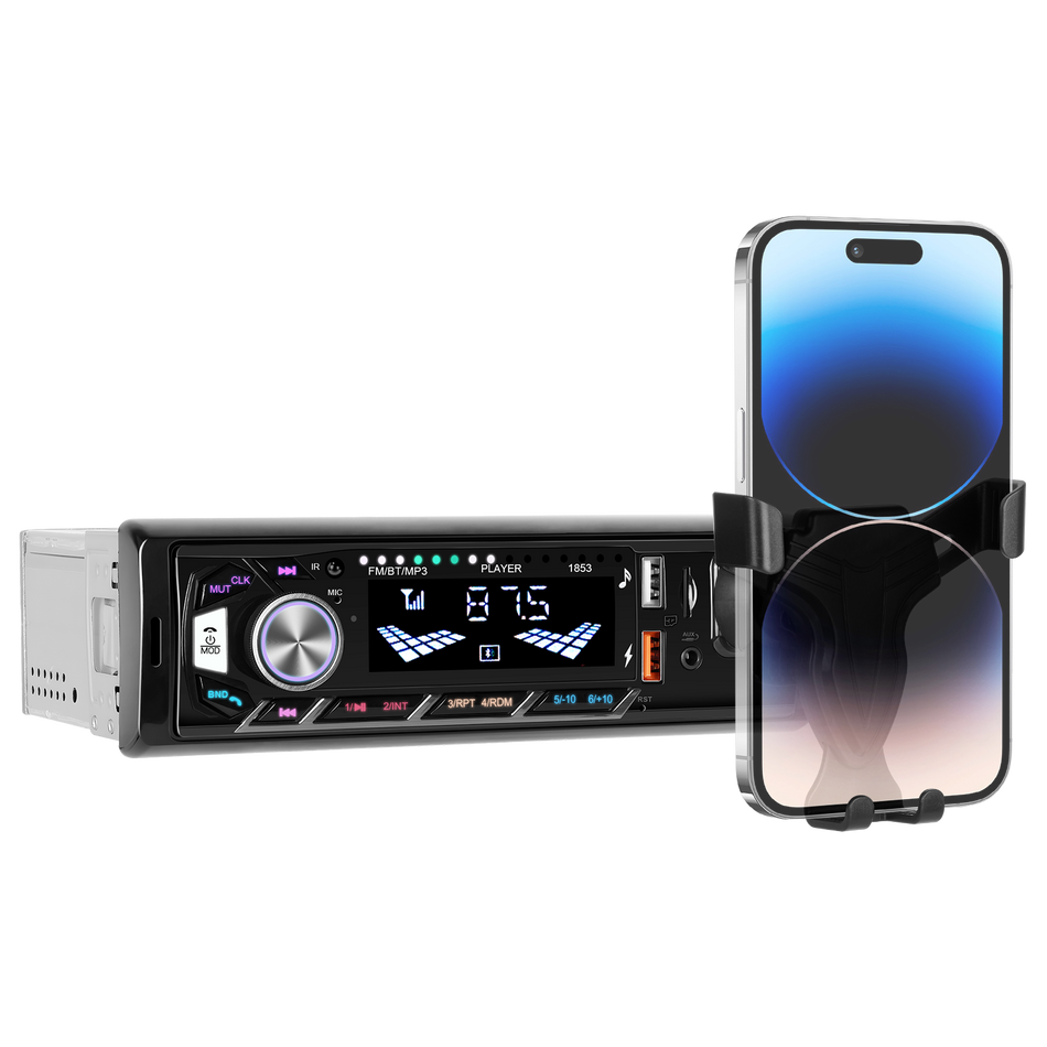 Player auto 1 DIN cu suport telefon detasabil, MaxTech®,Bluetooth 5.0, FM Radio, USB, AUX, TF Card, încărcare telefon