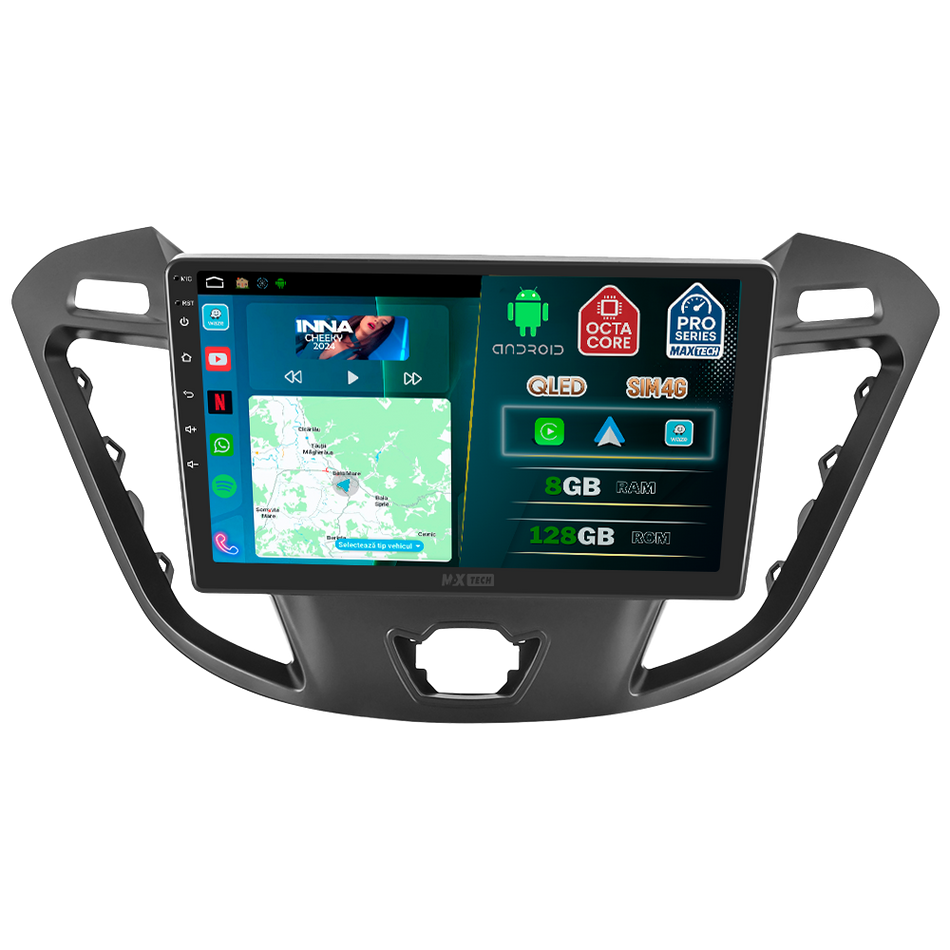 Navigatie Ford Transit Custom / Tourneo Custom Pre-Facelift (2013-2017) dedicata, MaxTech® PRO SERIES, 8 GB Ram 128 GB Rom, OctaCore, Carplay si Android auto, Ecran 9” HD Touch, Sim 4G, ADI/HI-Res, GPS, Wifi, Bluetooth, Radio, USB, EQ, DSP, Waze