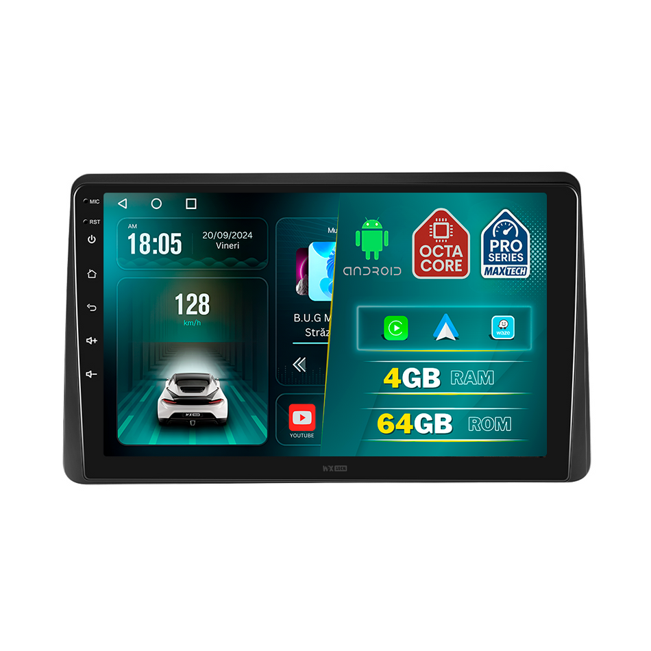 Navigatie Dacia Duster II (2018-2021) pre-facelift dedicata, MaxTech® PRO SERIES, 4 GB Ram 64 GB Rom, Carplay si Android auto, Ecran 10 ” HD Touch, GPS, Wifi, Bluetooth, Radio, USB, EQ, DSP, Waze