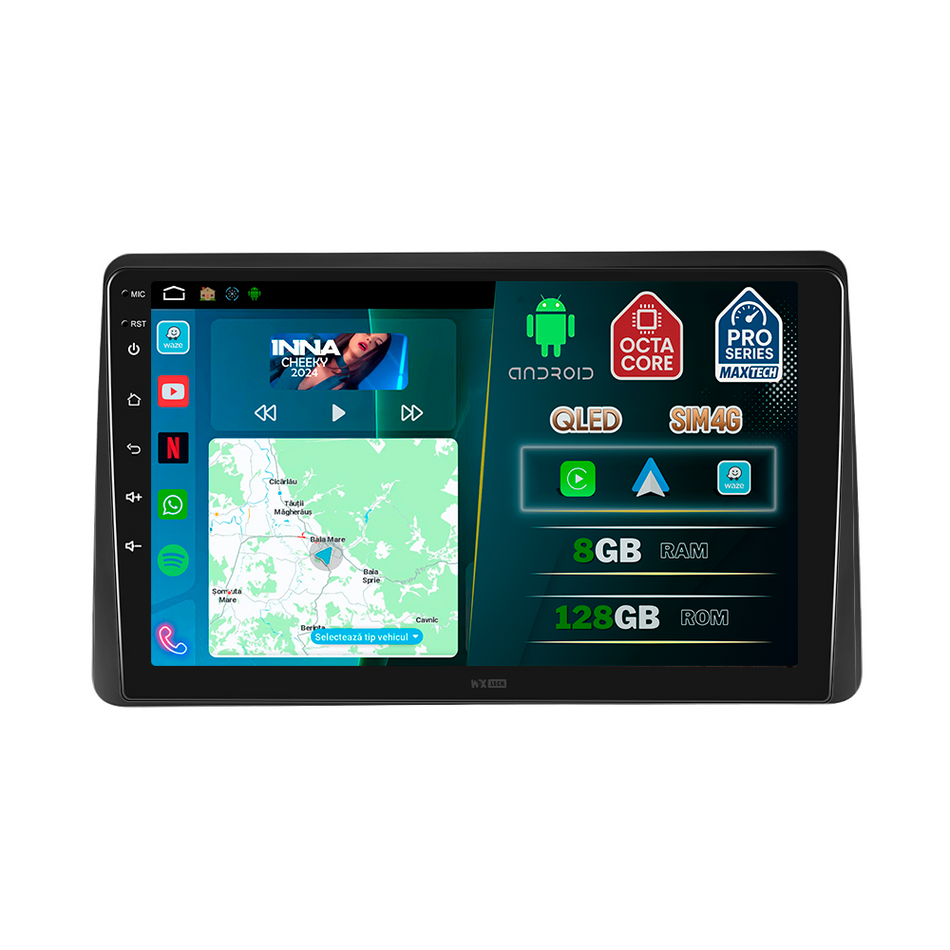 Navigatie Dacia Duster II (2018-2021) pre-facelift dedicata, MaxTech® PRO SERIES, 8 GB Ram 128 GB Rom, OctaCore, Carplay si Android auto, Ecran 10” HD Touch, Sim 4G, ADI/HI-Res, GPS, Wifi, Bluetooth, Radio, USB, EQ, DSP, Waze