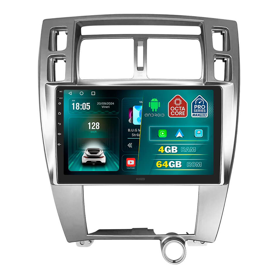 Navigatie Hyundai Tucson I (2004-2009), climatizare manuală dedicata, MaxTech® PRO SERIES, 4 GB Ram 64 GB Rom, Carplay si Android auto, Ecran 10 ” HD Touch, GPS, Wifi, Bluetooth, Radio, USB, EQ, DSP, Waze