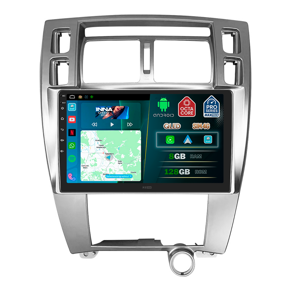 Navigatie Hyundai Tucson I (2004-2009), climatizare manuală dedicata, MaxTech® PRO SERIES, 8 GB Ram 128 GB Rom, OctaCore, Carplay si Android auto, Ecran 10” HD Touch, Sim 4G, ADI/HI-Res, GPS, Wifi, Bluetooth, Radio, USB, EQ, DSP, Waze