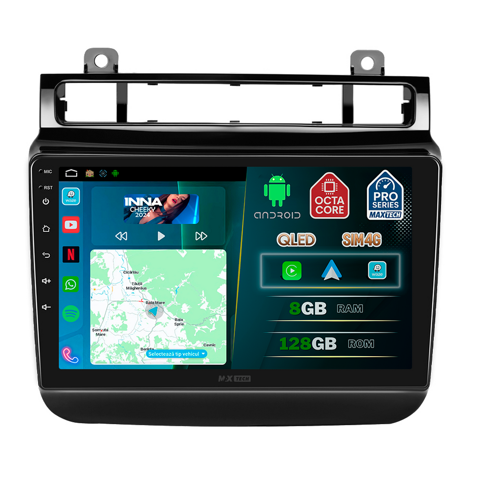 Navigatie Volkswagen Touareg II (2011-2017) dedicata, MaxTech® PRO SERIES, 8 GB Ram 128 GB Rom, OctaCore, Carplay si Android auto, Ecran 9” HD Touch, Sim 4G, ADI/HI-Res, GPS, Wifi, Bluetooth, Radio, USB, EQ, DSP, Waze