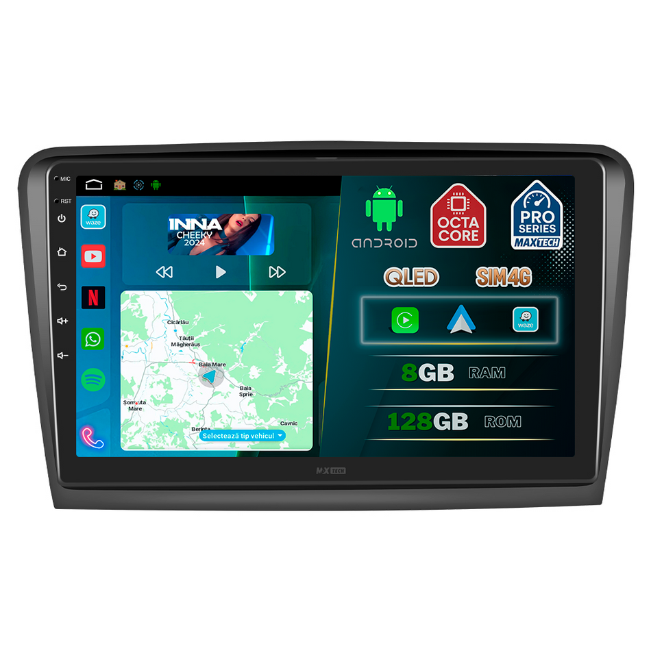 Navigatie Skoda Superb II (2009-2013) pre-facelift dedicata, MaxTech® PRO SERIES, 8 GB Ram 128 GB Rom, OctaCore, Carplay si Android auto, Ecran 10” HD Touch, Sim 4G, ADI/HI-Res, GPS, Wifi, Bluetooth, Radio, USB, EQ, DSP, Waze